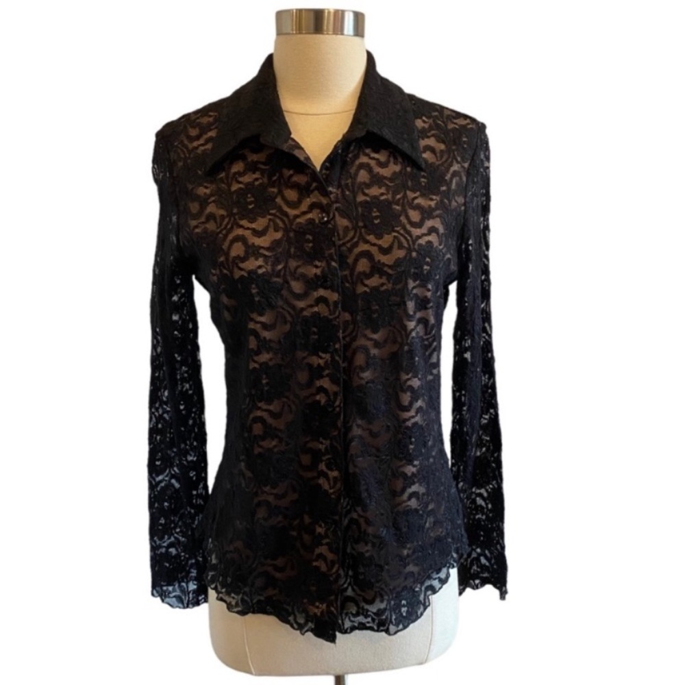Y2K Black Lace Sheer Button Up Top | Whimsigoth Vampy Goth Romantic Blouse - Picture 3 of 10